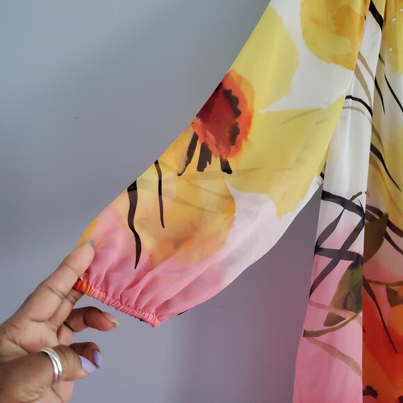 JM Collection Colorful Sheer Bling Floral Pullover  Blouse Top L - Picture 4 of 6